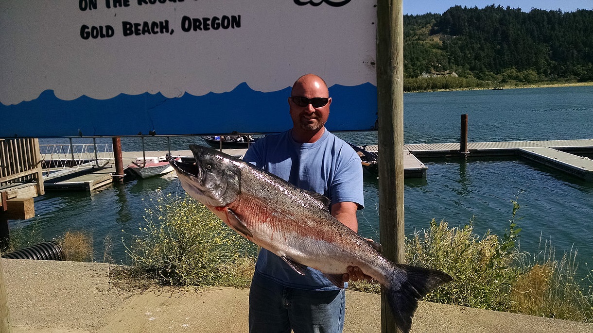 Owner and guide Chris G. holds up king salmon caught near Gold Beach, Oregon.